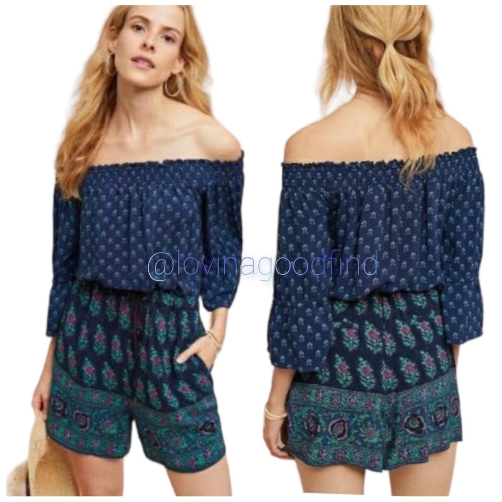 ANTHROPOLOGIE ETT:TWA Kaleo Blue Shorts POCKETS Romper EUC sz L